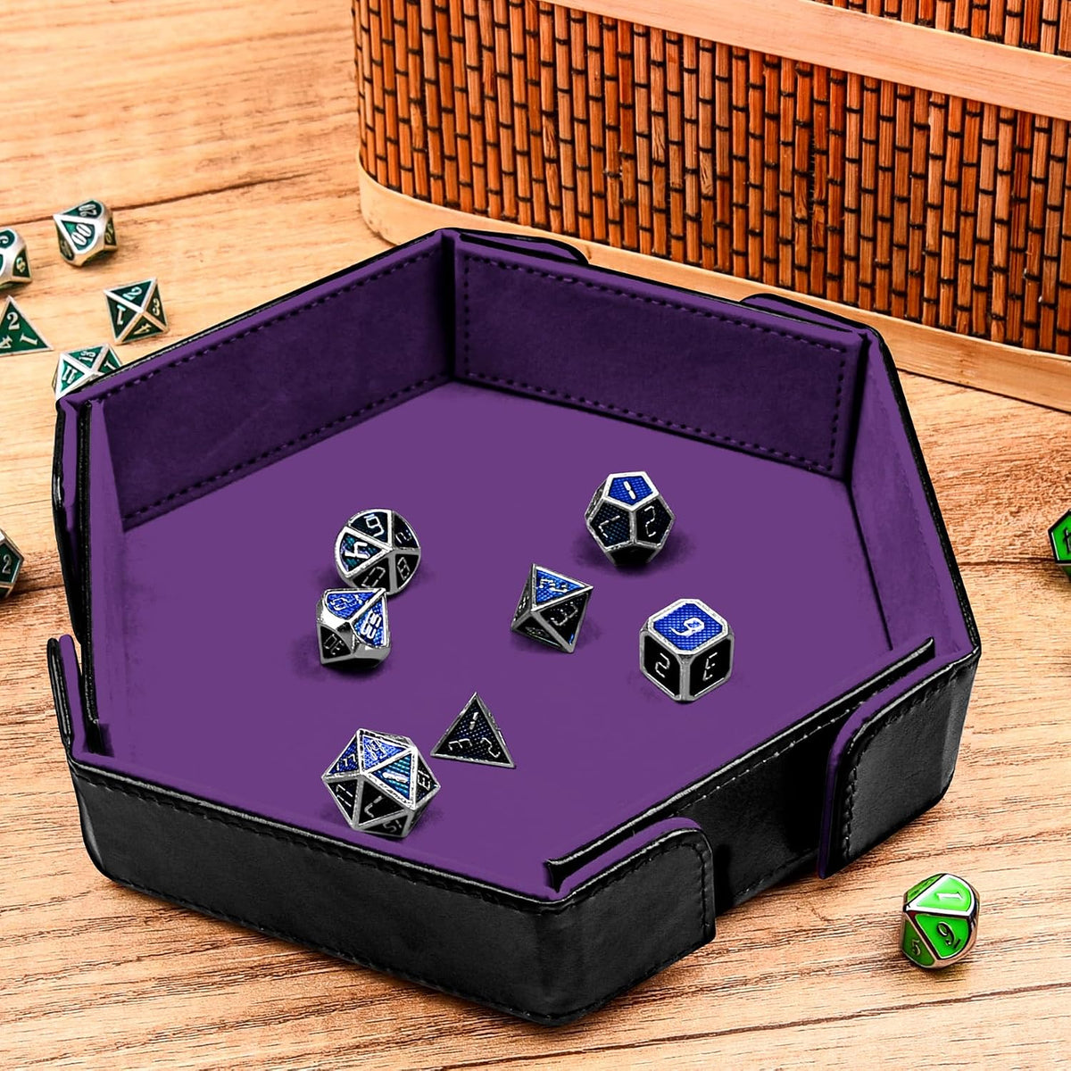SIQUK magnetic folding hexagon dice tray in PU leather with velvet lining - view 8
