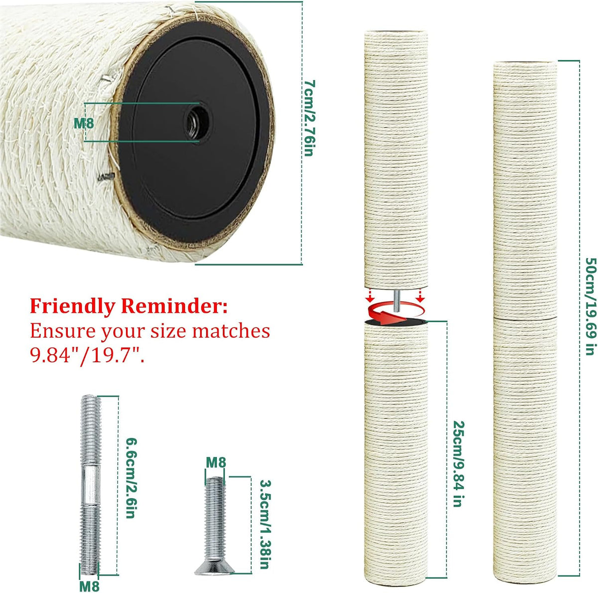 Cat Scratching Post Replacement Pole - M8*4poles / 25 cm / 9.84 in Beige - image 2