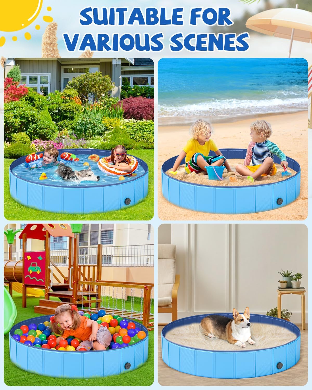 YSJILIDE Portable Dog Pool PVC Pet Swimming Bathtub Collapsible Hard - Blue / M-40" x 12" - image 2