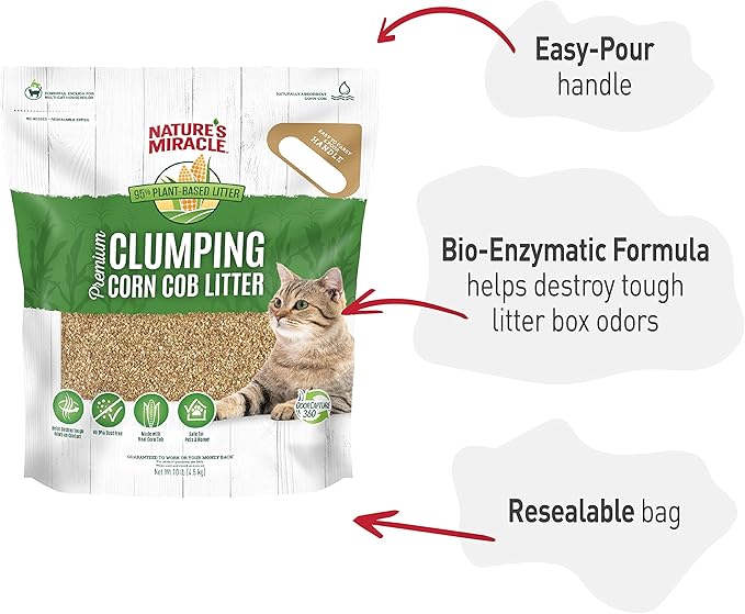 Nature’s Miracle Premium Clumping Corn Cob Litter, 10 Pounds, Made With Real Corn Cob For Fast-Clumping Litter For Multi-Cat Households