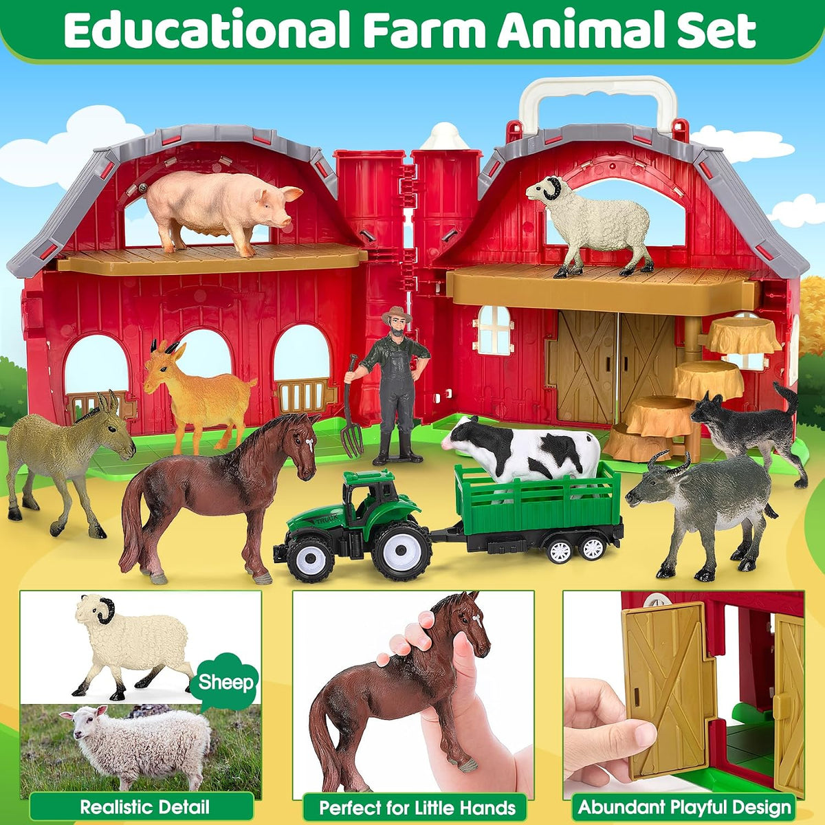 Ellinjan red barn farm playset with plastic farm animal toys, a green tractor and a farmer - view 3