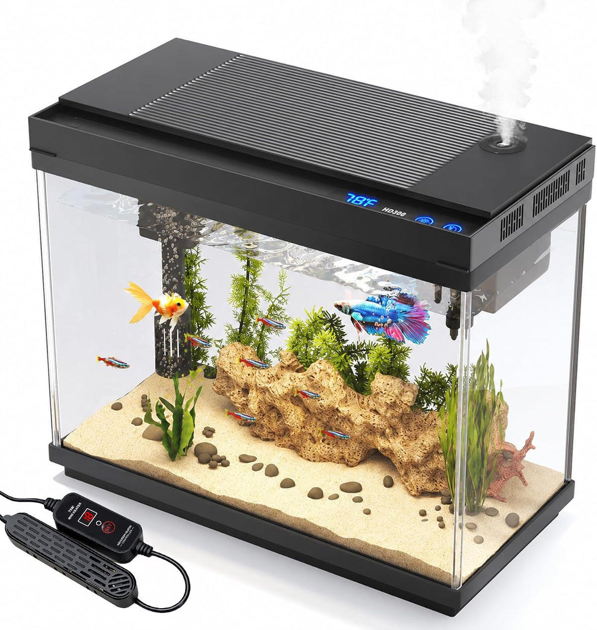 Fish Tank, 2.4-Gallon Aquarium Starter Kit with 3-in-1 Quiet Pump – Essentials for Fish - Heat Black