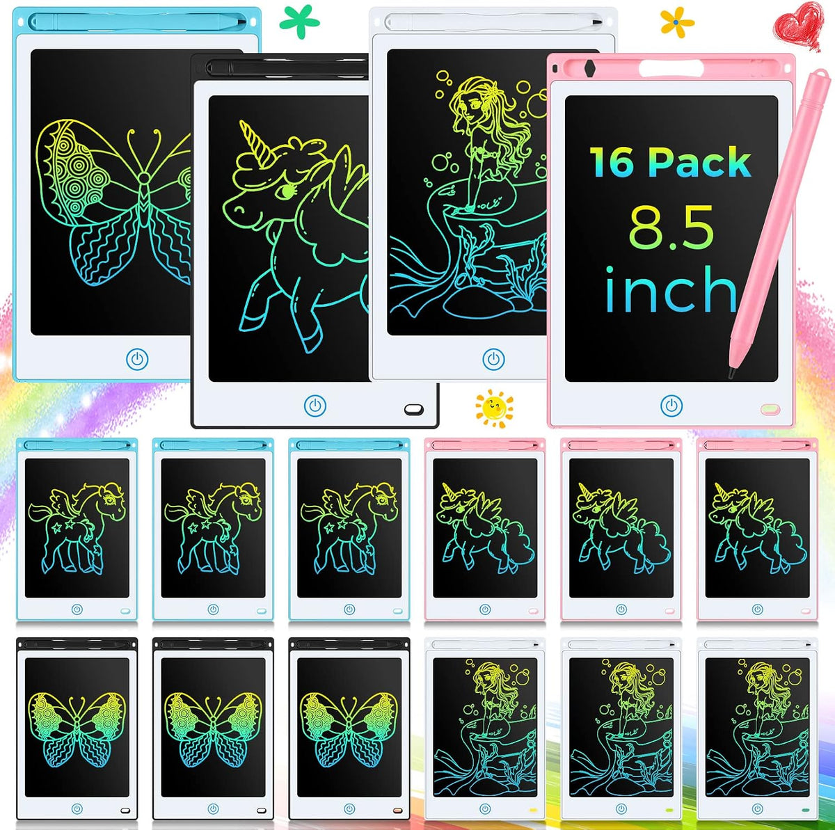 Epakh 16 pack of 8.5 inch LCD writing tablets for kids in blue, green, pink and red