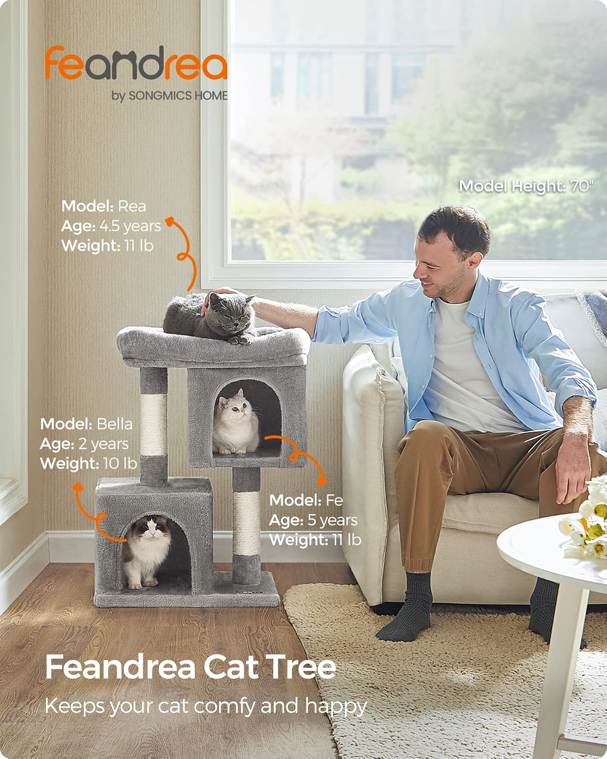 Feandrea Cat Tree, Plush Kitten Condo - M (19.3"L x 12.6"W x 29.1"H) / Light Gray - image 2