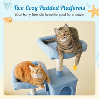 MWPO Ocean-Themed Cat Tree, 70.1-Inch Multi-Level Tall Tower for Indoor Cats, Plush Cat Condo with Big Padded Perches, Sisal-Covered Scratching Posts, Hammock, Toys for Kittens, Blue