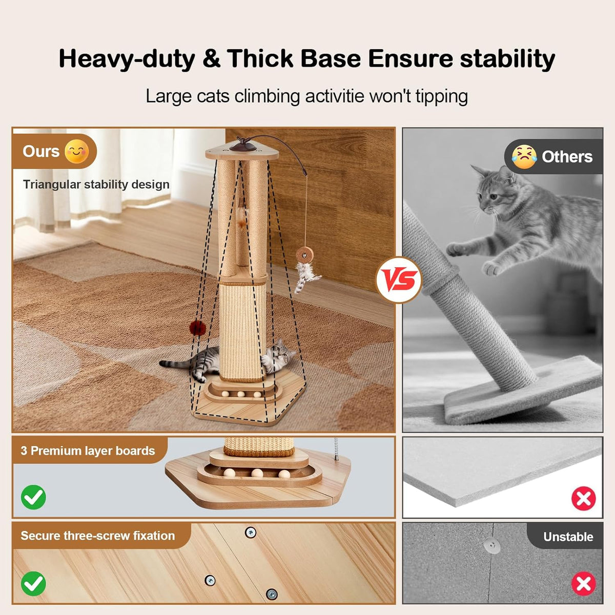 Odoland 34 Inch Cat Scratching Post for Large Cats with 4 Interactive - image 4