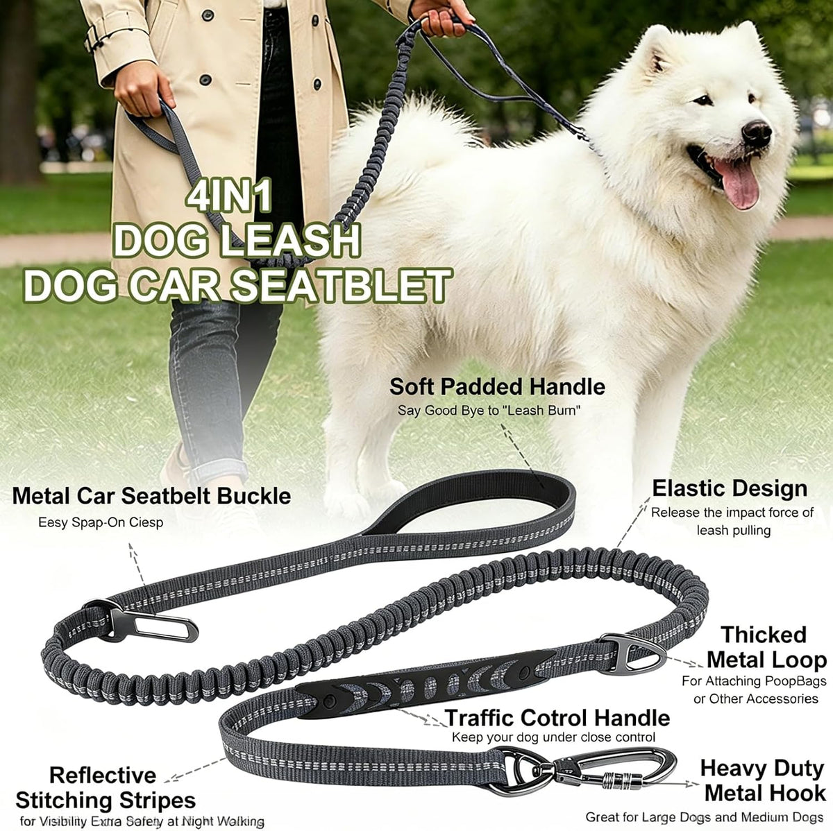 Dog Leash Heavy Duty, Bungee Leash Reflective Car Seat Belt for Dogs Brown – Essentials for Dogs - Grey - image 3