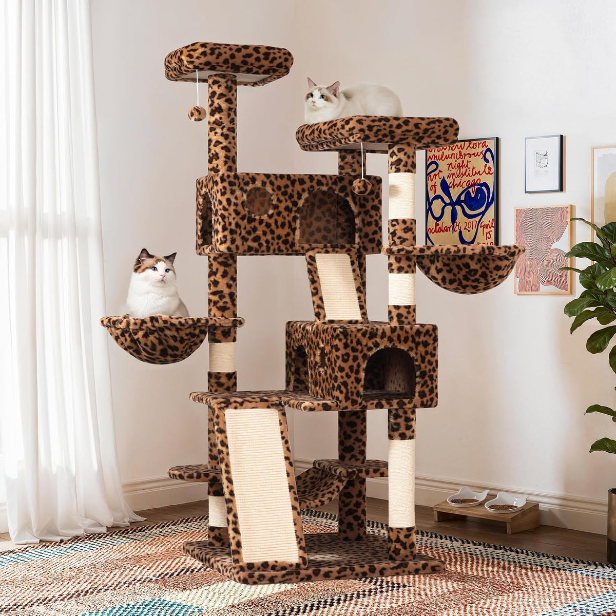 SHA CERLIN 65in Larger Cat Tree Tower Condo for Indoor - Leopard Print