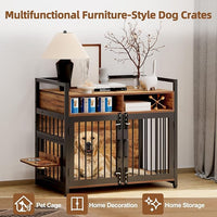 Large Dog Crate Furniture, 41 Inch Wooden Dog Crate, Heavy Duty Dogs Kennel with 2 Drawers Storage, 360° Adjustable Raised Feeder, Indoor Dogs House End Table