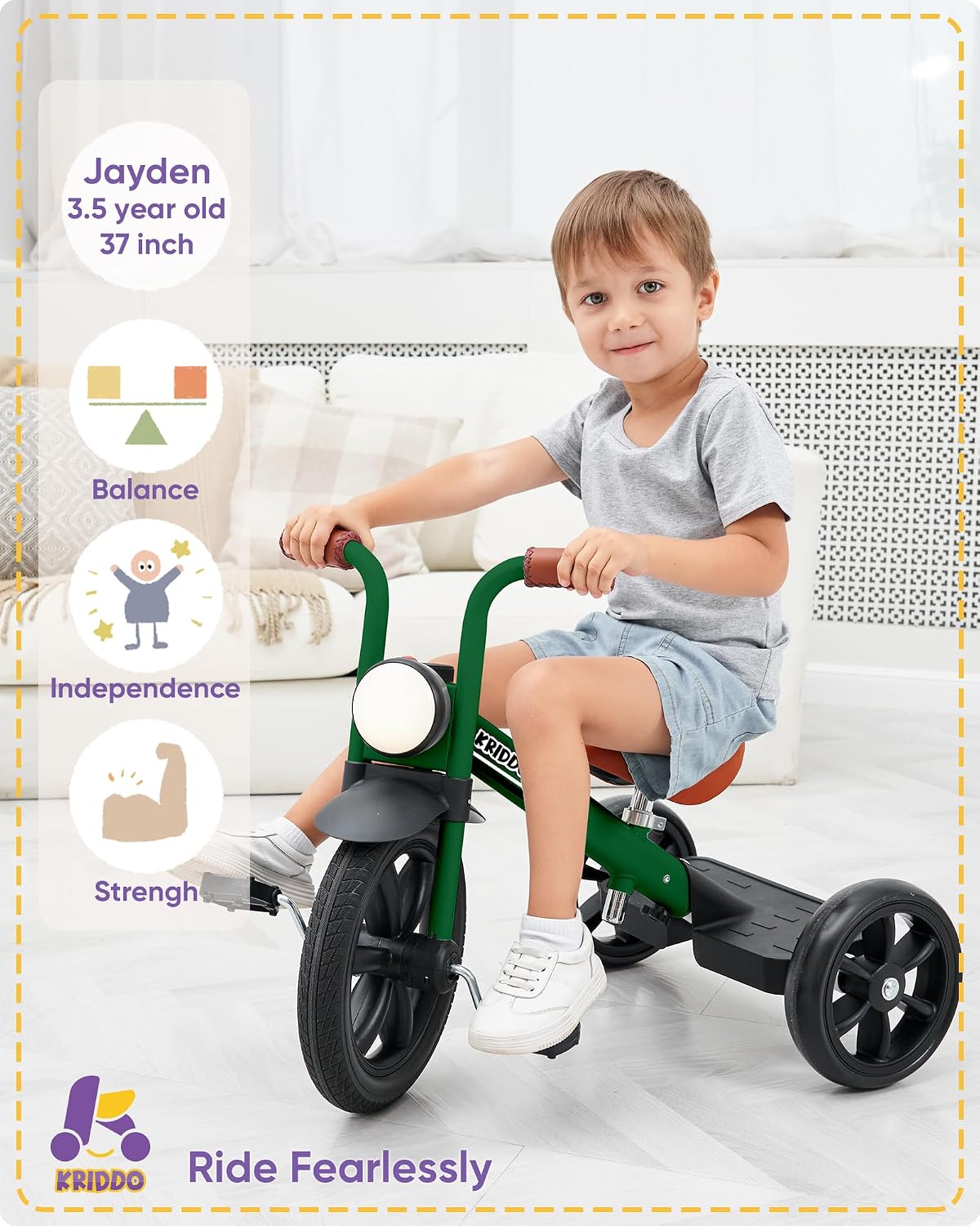 KRIDDO Tricycle for Toddlers 2-5 Years: Rubber Front Wheel - Green - image 2