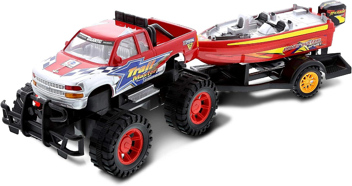 Mozlly Set of Friction-Powered Monster Truck with Boat Trailer Toy