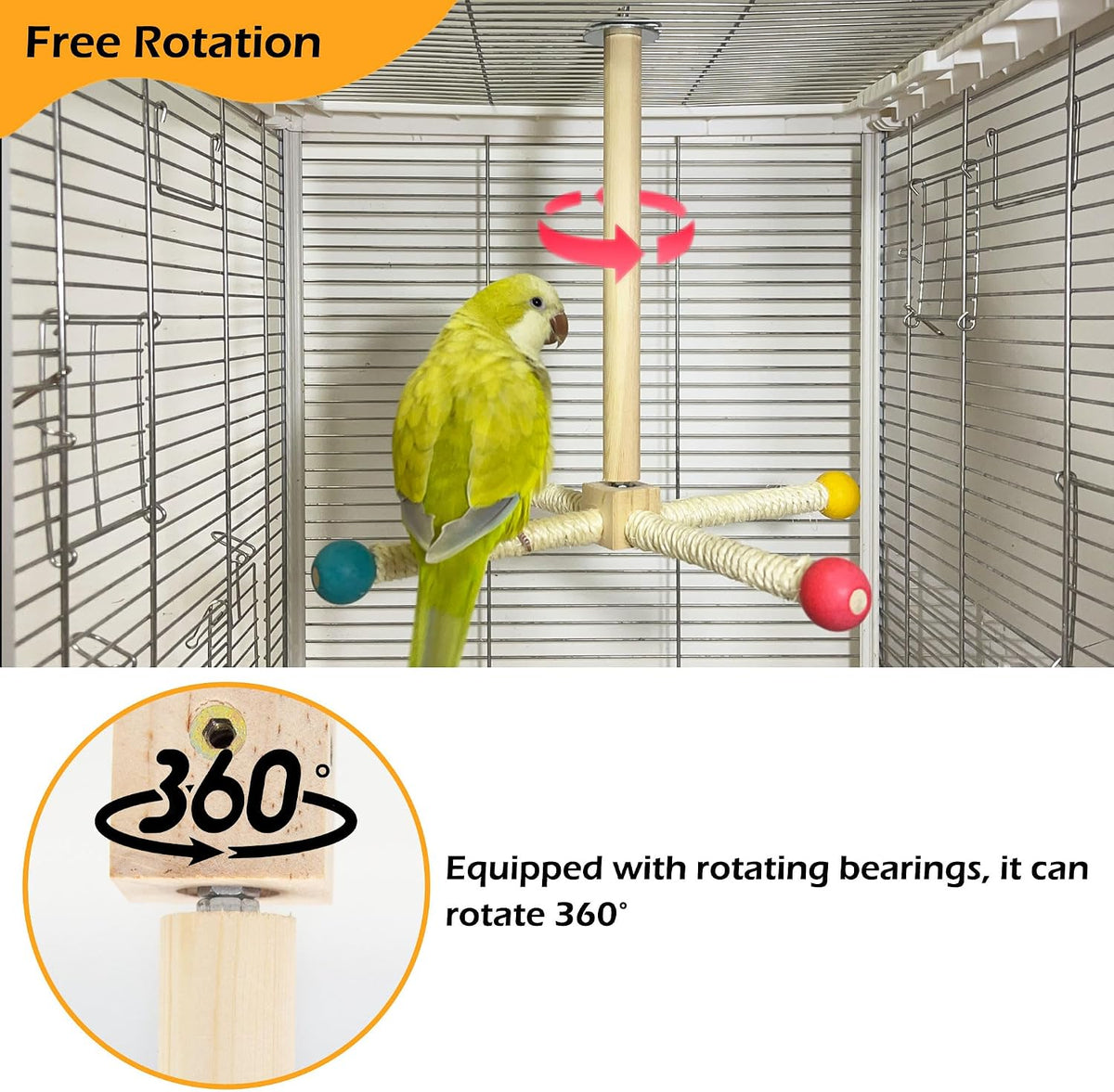 Bird Perch Toy, Kiln-Dried Wood Interactive 360° Spinning Cage Toy – Essentials for Birds - Large (no bells) - image 4