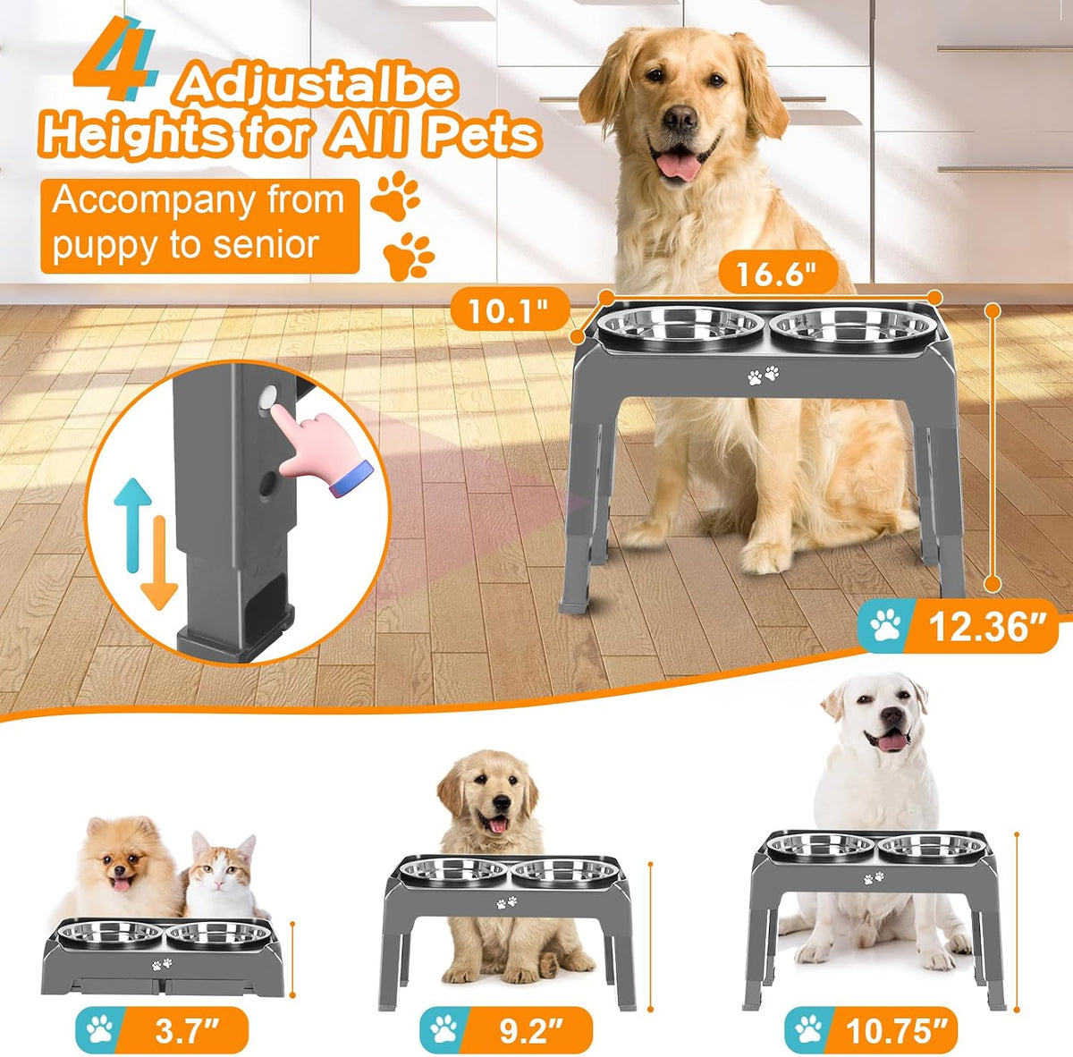 Elevated Bowls, 4 Height Adjustable Raised Stand With 2 Thick 50oz Stainless Steel Food Bowls - Grey / 8" for Medium Dogs (Pack of 2) - image 2