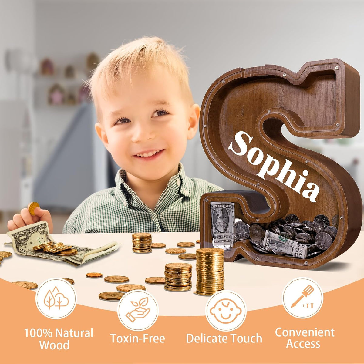 JOOMLAFLY Wooden Letter Piggy Bank for Kids 9"Clear Coin Bank - S / Initial-12" - image 2