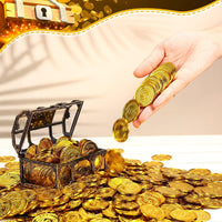 Hanaive plastic pirate gold coins in a pile, 1.38 inch coins with dollar sign design - view 15