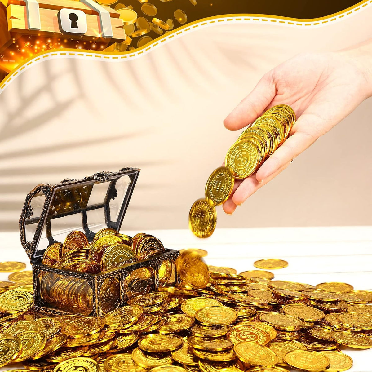 Hanaive plastic pirate gold coins in a pile, 1.38 inch coins with dollar sign design - view 15