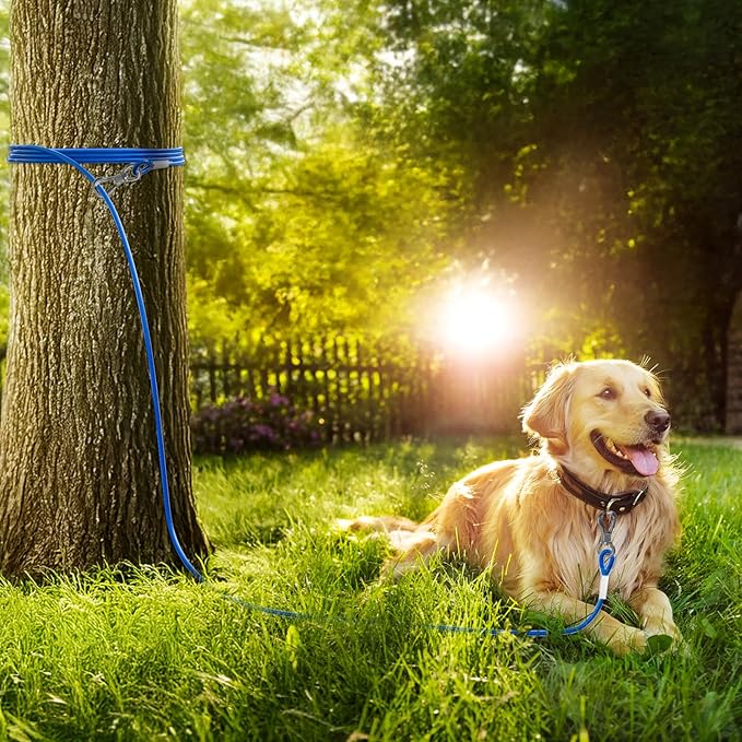 Tresbro 40FT Reflective Tie Out Cable for Dogs Up to 250 Pounds, Steel Wire Lead Leash Cable with Stainless Rotatable Clip, Lightweight and Enduring, Dog Lead Chains for Outside,Yard,Camping, Blue
