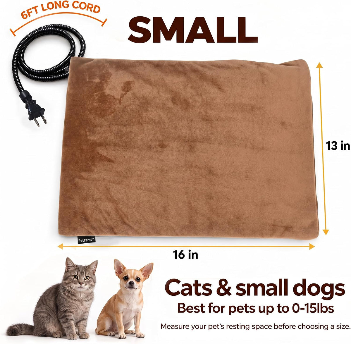 Cat Heating Pad, Heated Cat Bed, MET Safety Listed - Brown / Small: 16" x 13" x 1.6" - image 4
