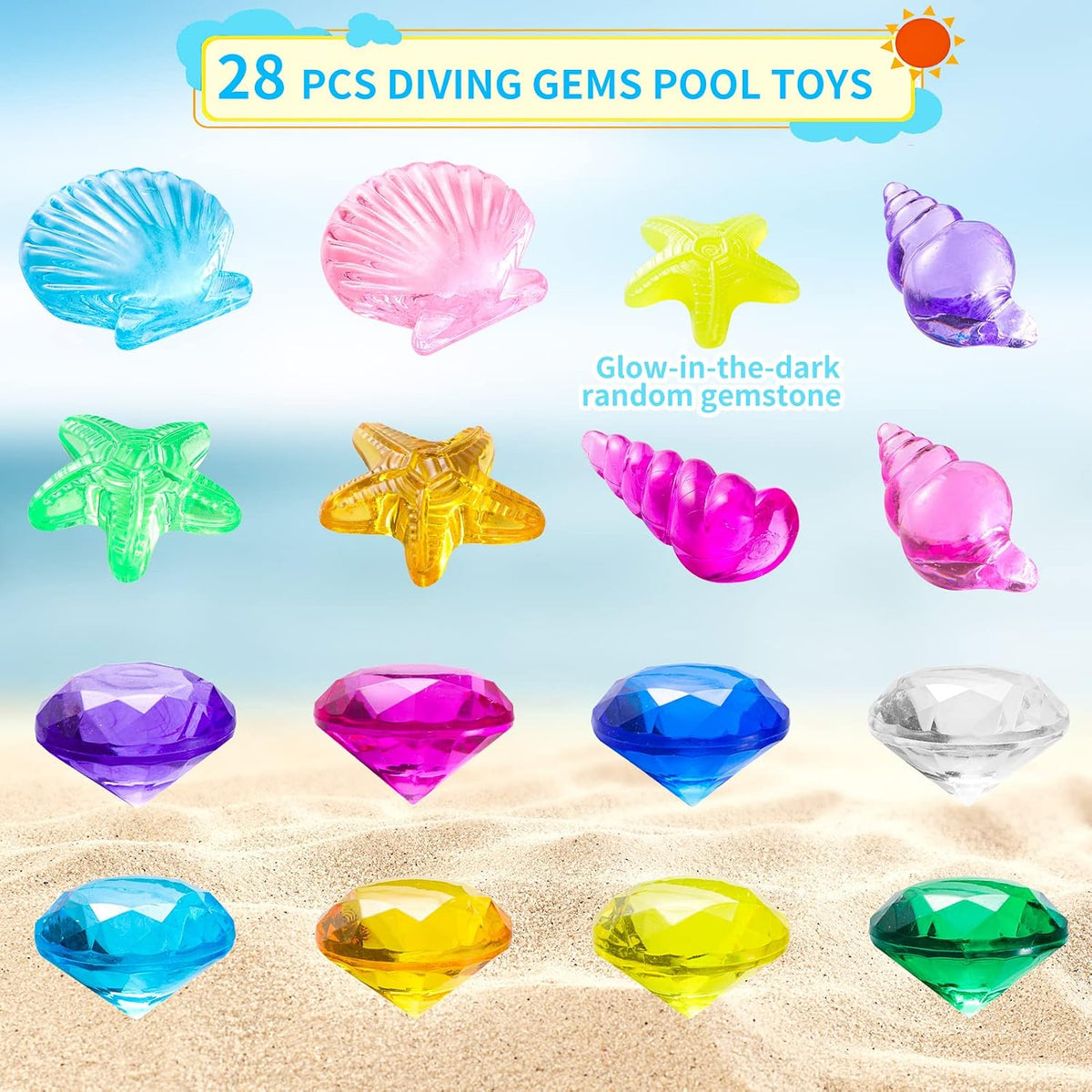 Colorful acrylic diving gem pool toys with pirate treasure box - view 3