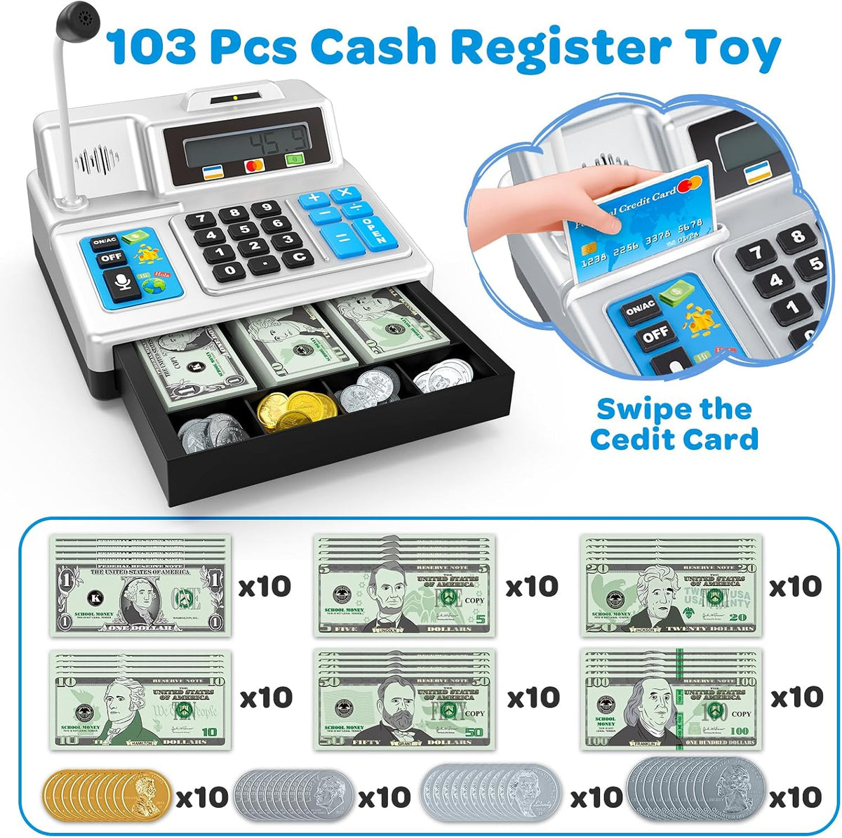BAODLON silver toy cash register with calculator, microphone and credit card - view 2
