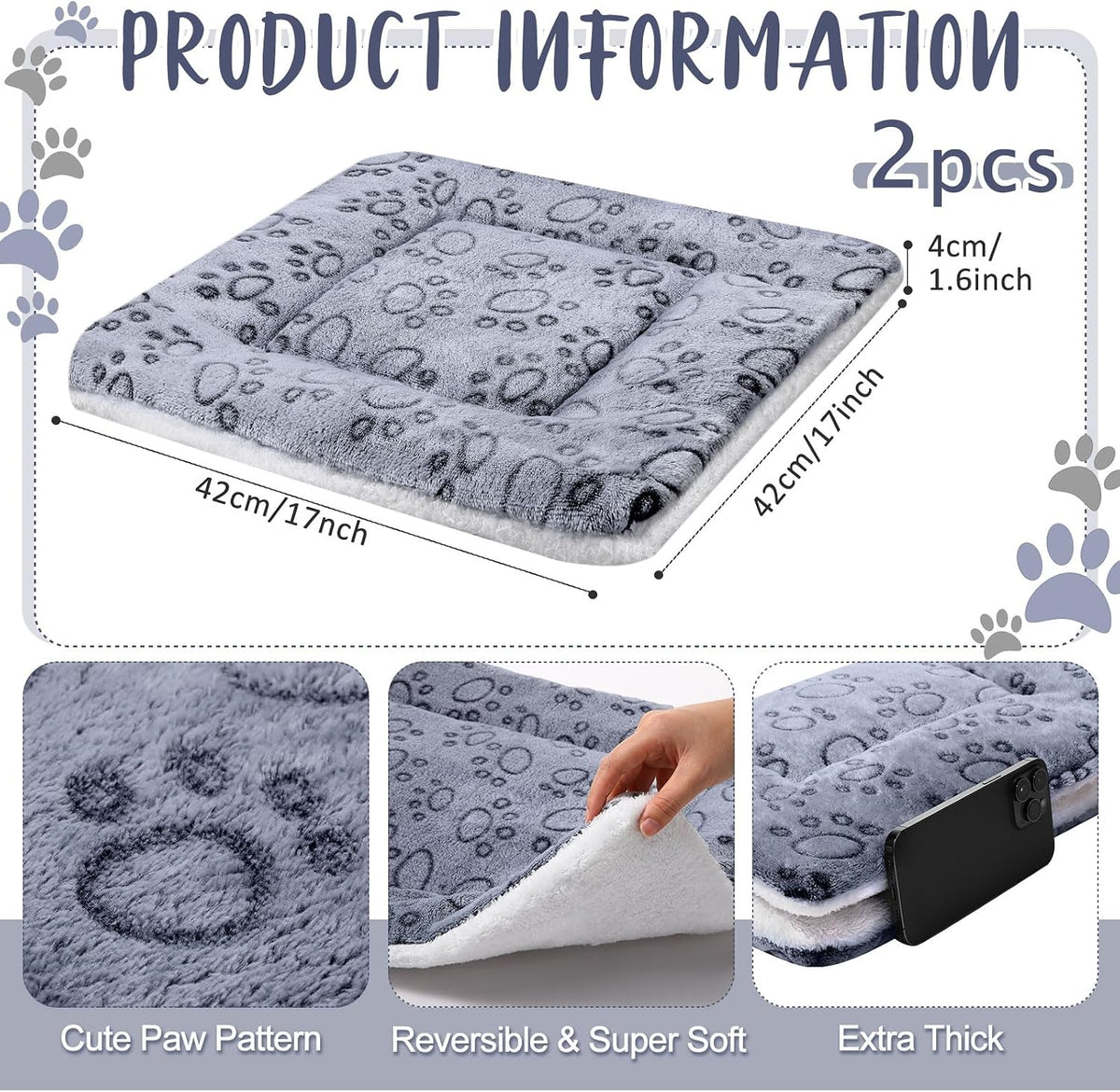 2 Pack Self Warming Cat Dog Bed Pad - Grey / 17'' X 17'' / Dog Paw - image 2