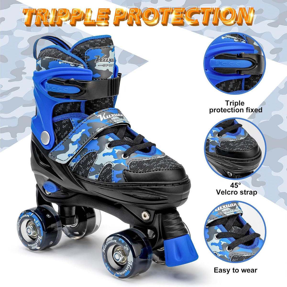Kuxuan Adjustable Roller Skates with Fun Illuminating Rollerskate - Camo Blue / Large - Youth(4-7US) - image 3