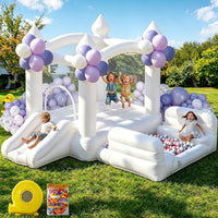 GYMMALL white inflatable bounce house for kids with slide, ball pit and mesh walls