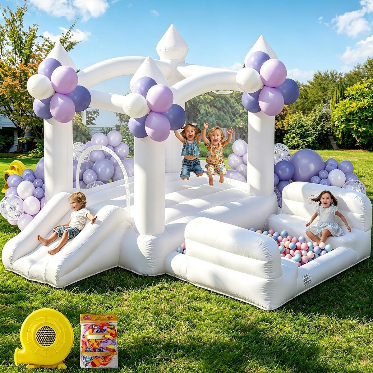 GYMMALL white inflatable bounce house for kids with slide, ball pit and mesh walls
