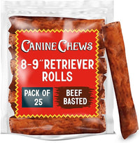 Canine Chews 8-9" Beef Basted Thick Rawhide Retriever Rolls - Pack of 25 Beef-Flavored Long-Lasting Dog Rawhide Chews - Protein-Dense Jumbo Rawhide Bones For Large Dogs - Treats for Aggressive Chewers