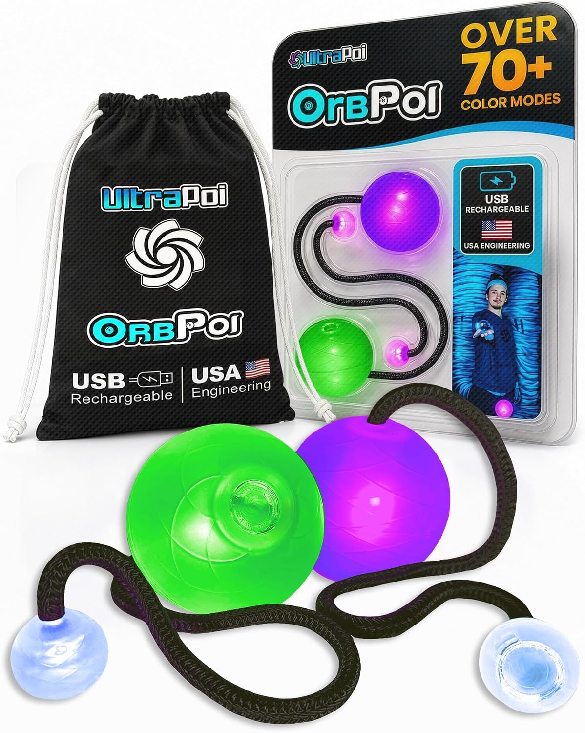 UltraPoi OrbPoi LED poi balls set with silicone knob handles, leashes and storage bag