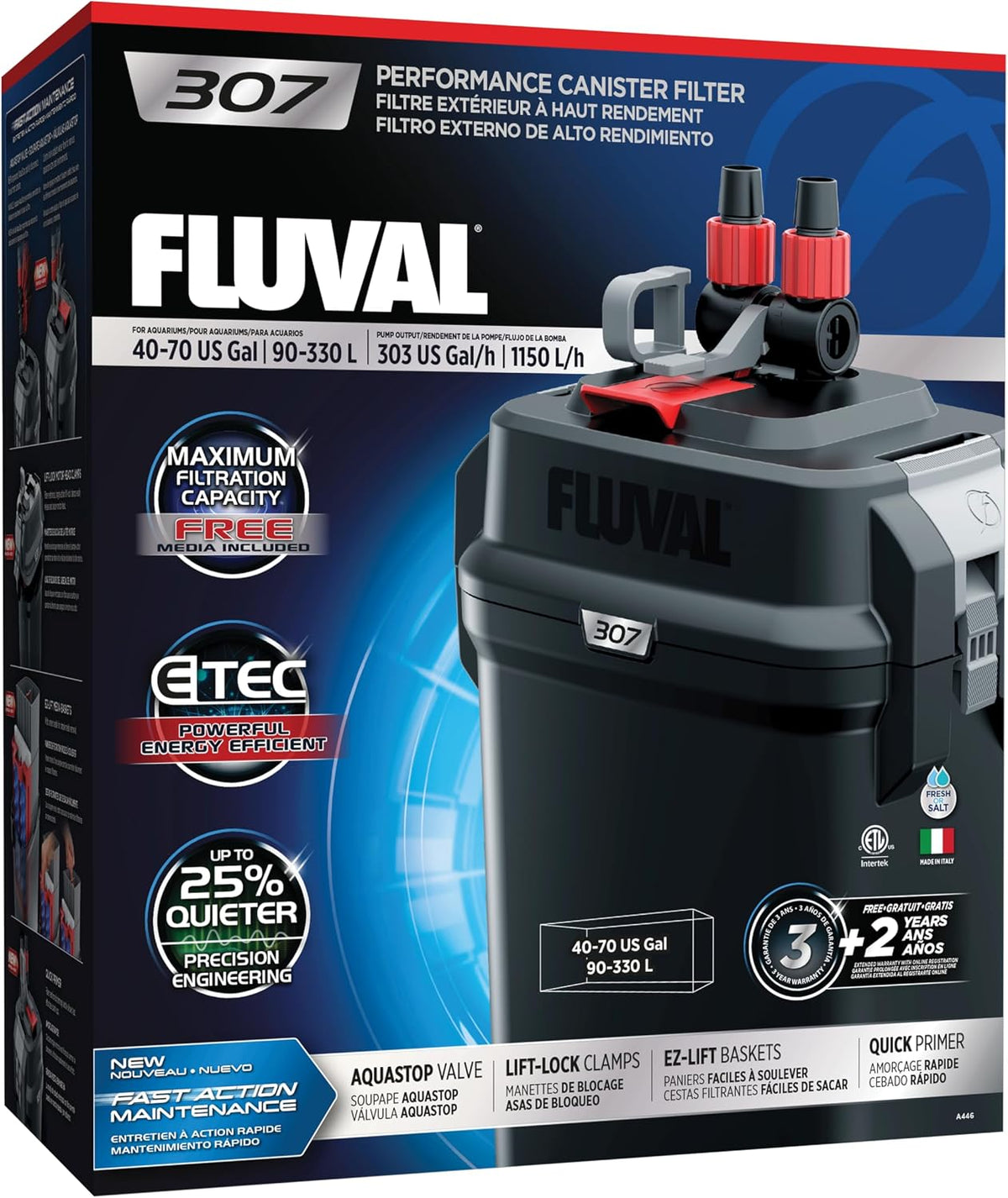 Fluval 207 Perfomance Canister Filter for Aquariums up to 45 Gallons – Essentials for Fish - 70 Gallons
