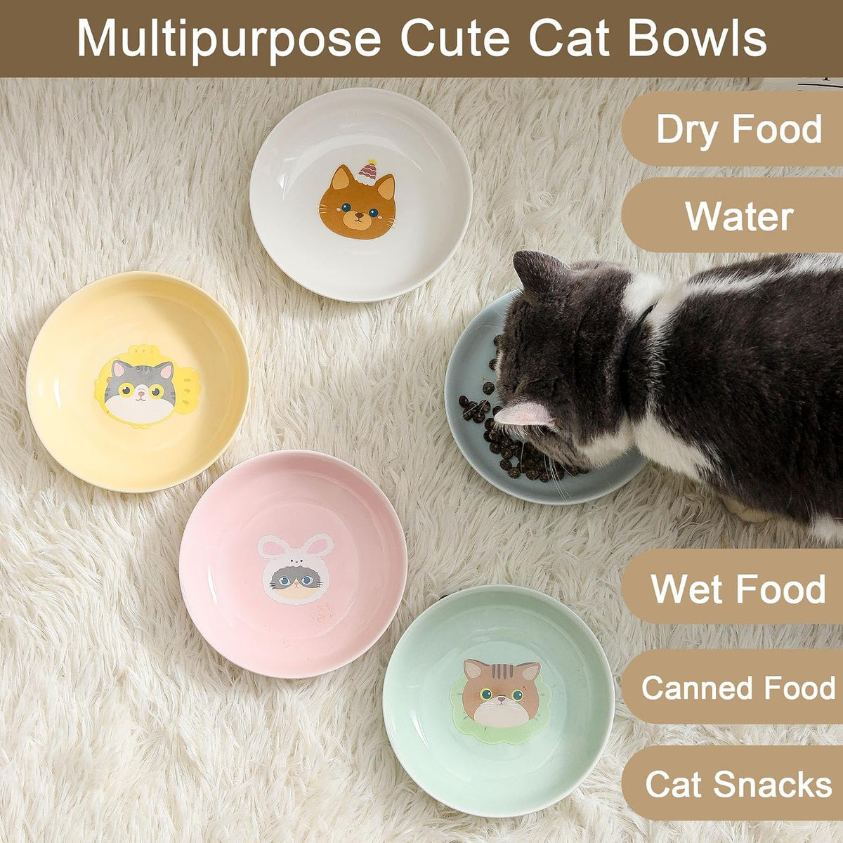 Ceramic Cat Bowls Set - 5.7 inch Wide Cat Food Bowls Whisker Fatigue Friendly, 5 Colorful Kitten - Cute Pattern - image 4