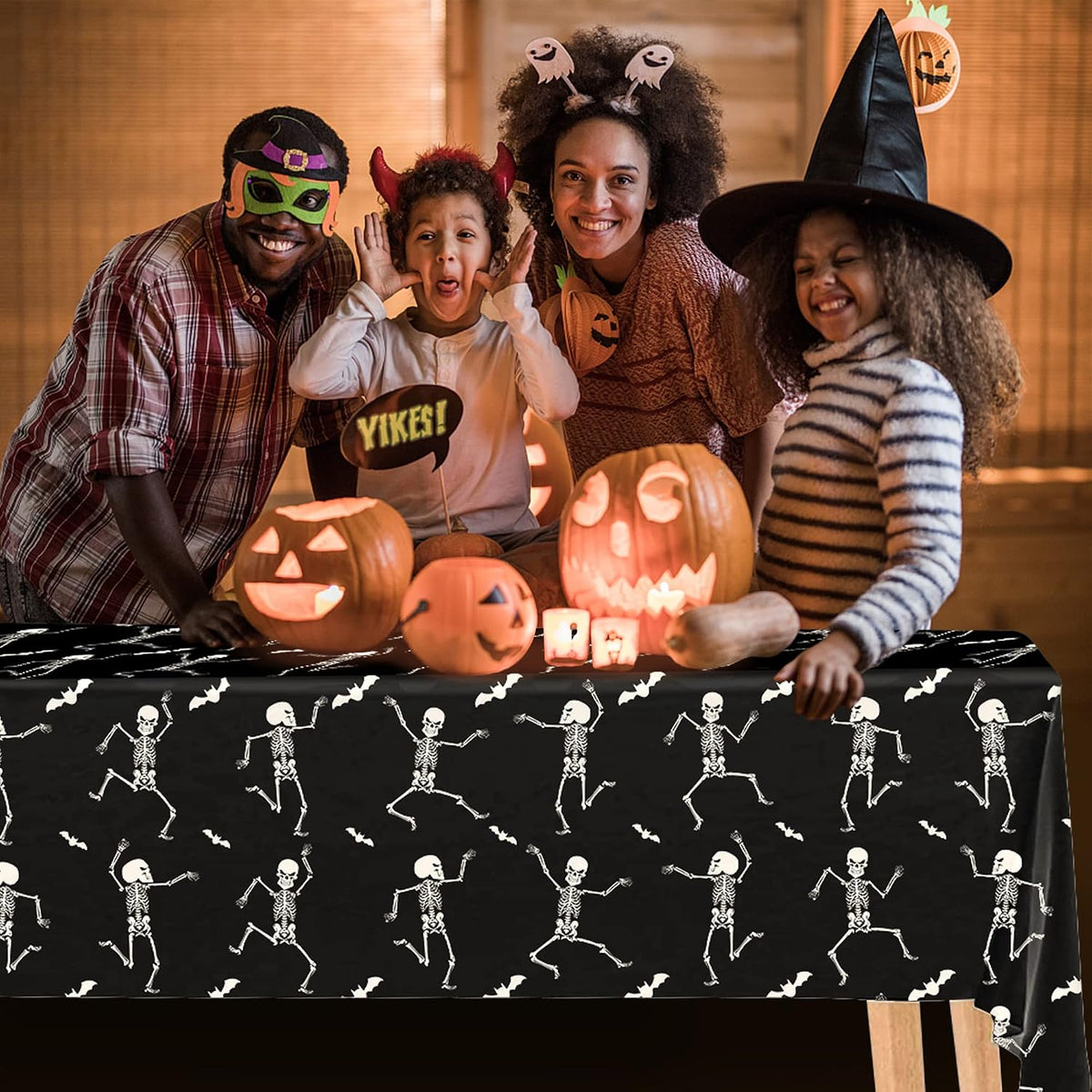Iceyyyy Halloween skeleton tablecloth, black plastic table cover with skeleton print - view 15
