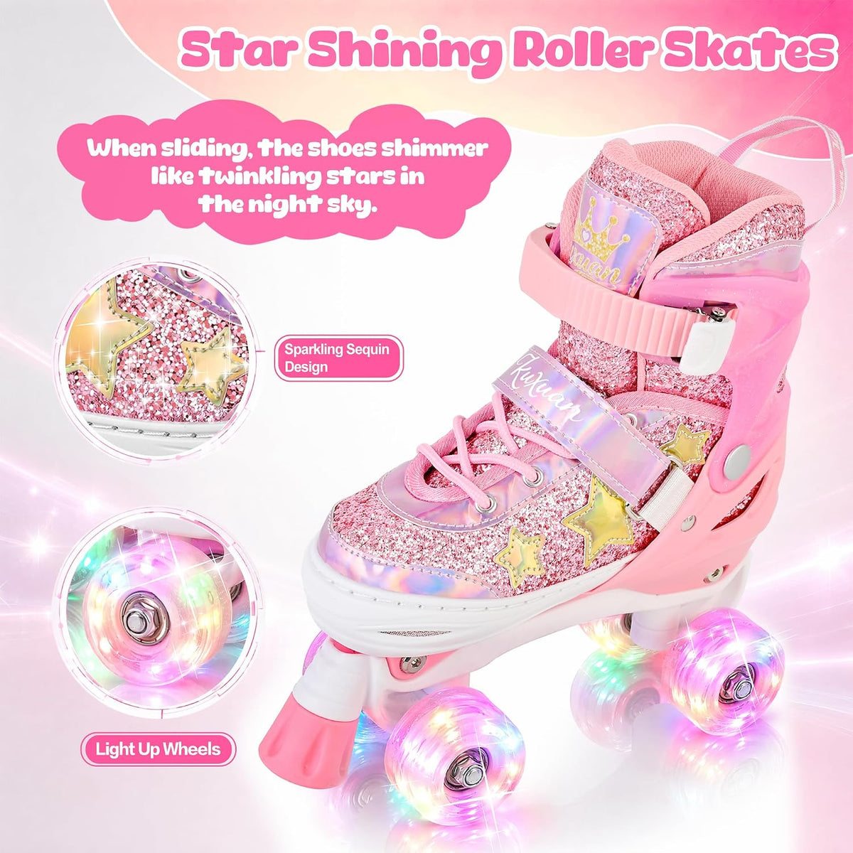 Kuxuan Adjustable Roller Skates with Fun Illuminating Rollerskate - Star Pink / Medium - Big Kid(1-4US) - image 4