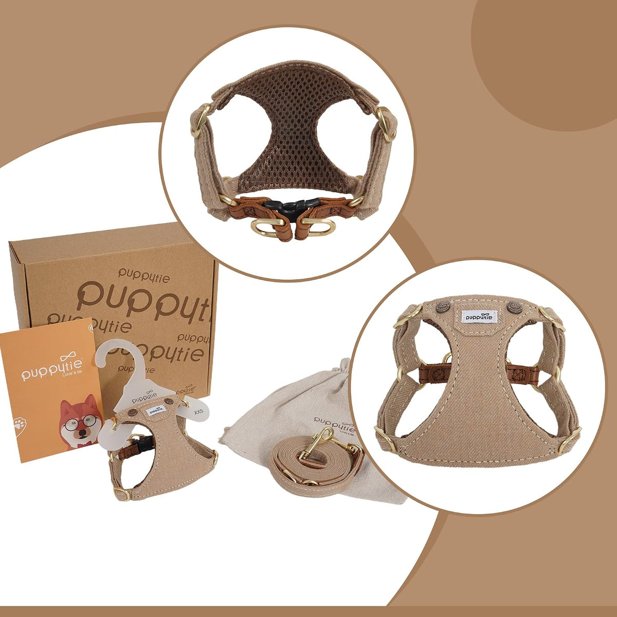 Puppytie XS Dog Harness and Leash Set, Denim Brown, XS – Essentials for Dogs - Pocket-Brown / XS(4.5-11lb) - image 3