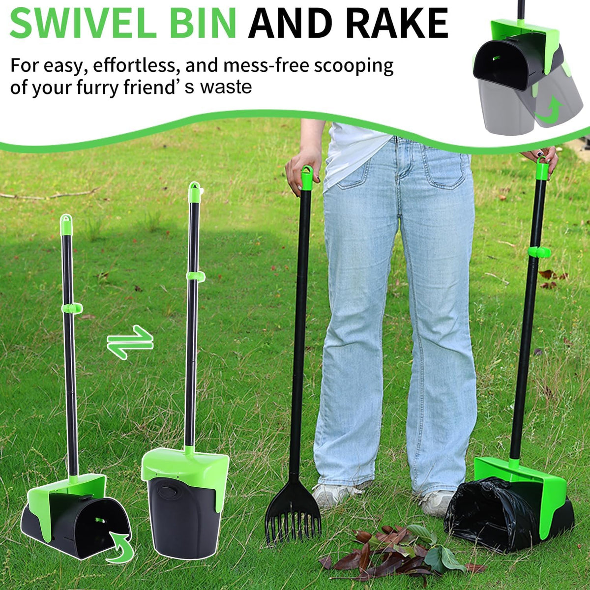 Pooper Scooper Large Swivel Bin & Rake with 160 Waste Bags - Green1 - image 4