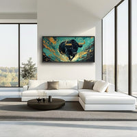 Large Bison Buffalo Wall Art for Living Room, Framed Oversized Bull Wall Decor, Abstract Teal and Golden Canvas Painting Modern Artwork for Living Room Bedroom Office Dining Room 60"x30"