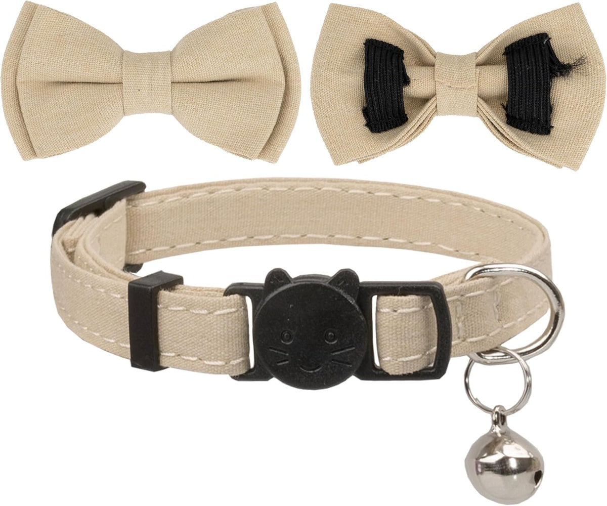 Cat Collar Breakaway Bowtie Safety with Bell Adjustbale Kitten Puppy - D-[2pcs] Beige - image 3