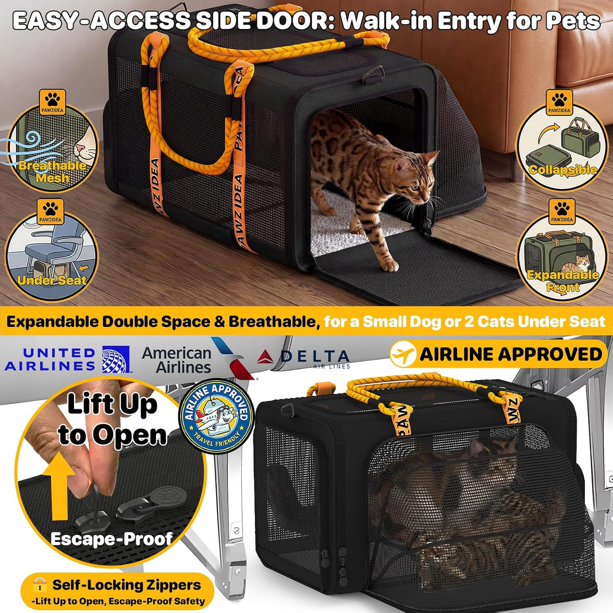 Expandable Pet Carrier for Small Cats & Dogs - 18.0"L x 11.0"W x 11.0"H / Black Warrior - image 3