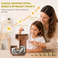 KMC wooden letter piggy bank, oak initial coin bank with clear plexiglass front - view 30