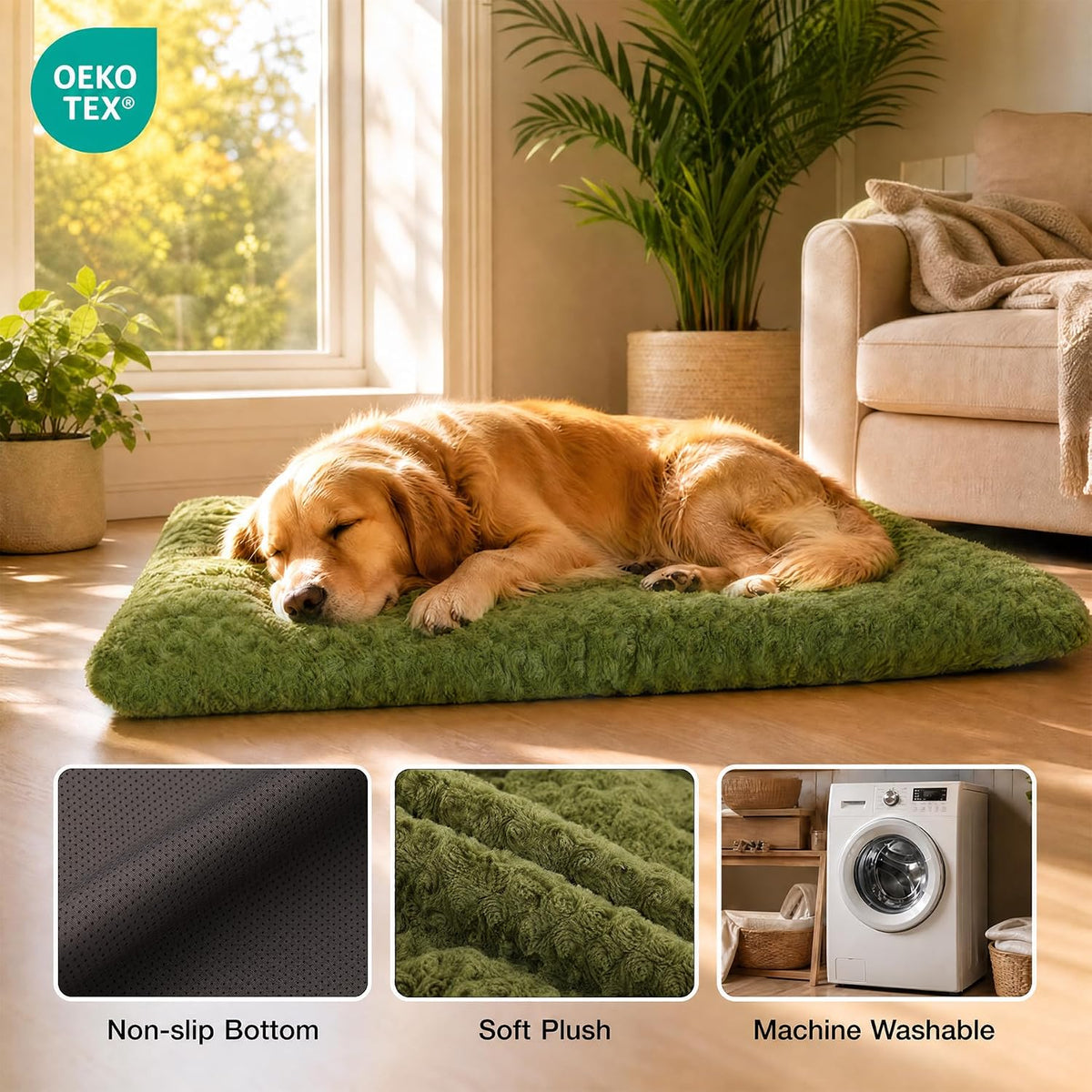 Exsnugy Washable Dog Bed Mat Medium Size Fluffy Pet Crate Pad 36x23 – Essentials for Dogs - Green / 30.00" x 19.00" x 1.50" - image 3