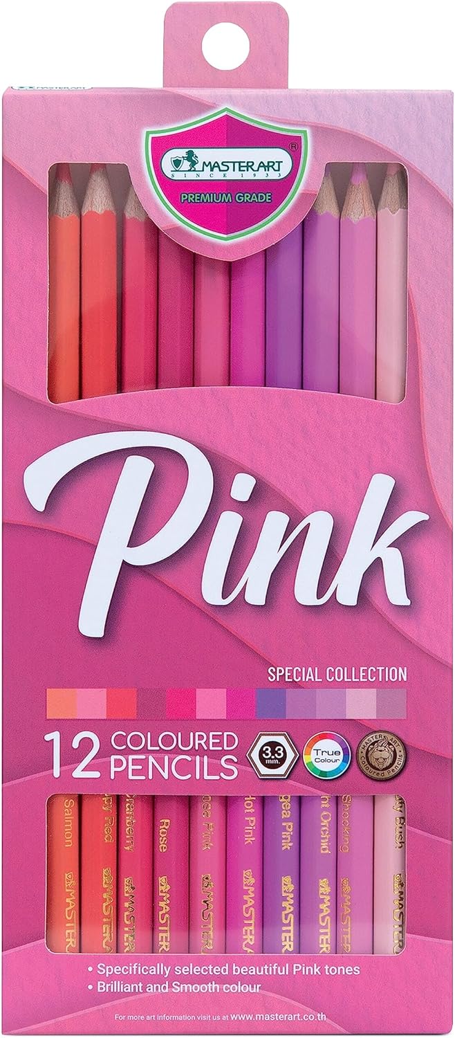 MASTERART colored pencils pink set of 12 pre-sharpened hexagon pencils in pink tones