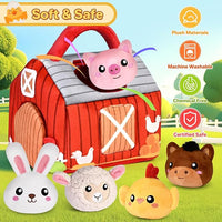 Baby Toys 0-12 Months, Plush Toy Set- 4 Sensory Soft Toys with Crinkle, Rattles for 0-3-6-9-12 Month Newborn Infant, 1st Birthday for Babies Boys Girls Age 1+ (Barn with Farm Animals)