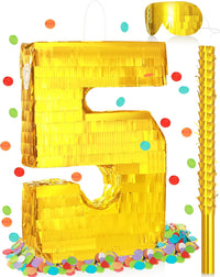 Sratte gold foil number piñata set with gold blindfold, piñata stick and bag of confetti - view 6