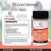 COAT DEFENSE Preventative Powder | Made in USA | 3.5oz Waterless Dog Shampoo & Pet Deodorizer for Smelly Dogs | Provides Anti Itch Relief | Dog Shampoo for Dry Itchy Skin & Smelly Dogs