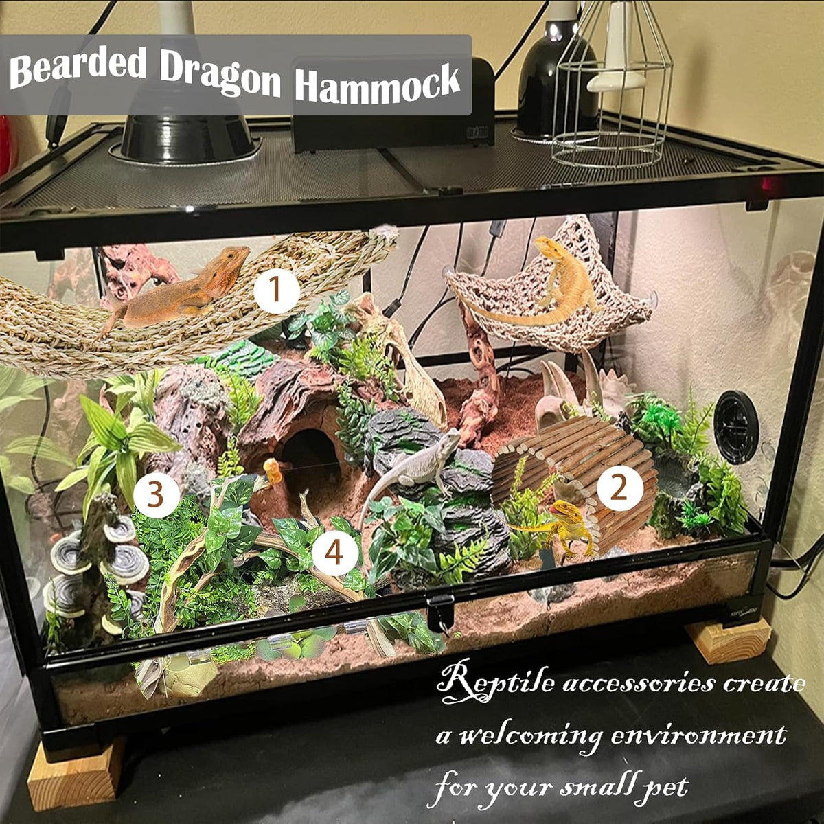 Bearded Dragon Hammock,Lizard Lounger Reptile Tank Hanging Plants Climbing Jungle Vines Flexible - Type：Hammock with wooden bridge(B) - image 2