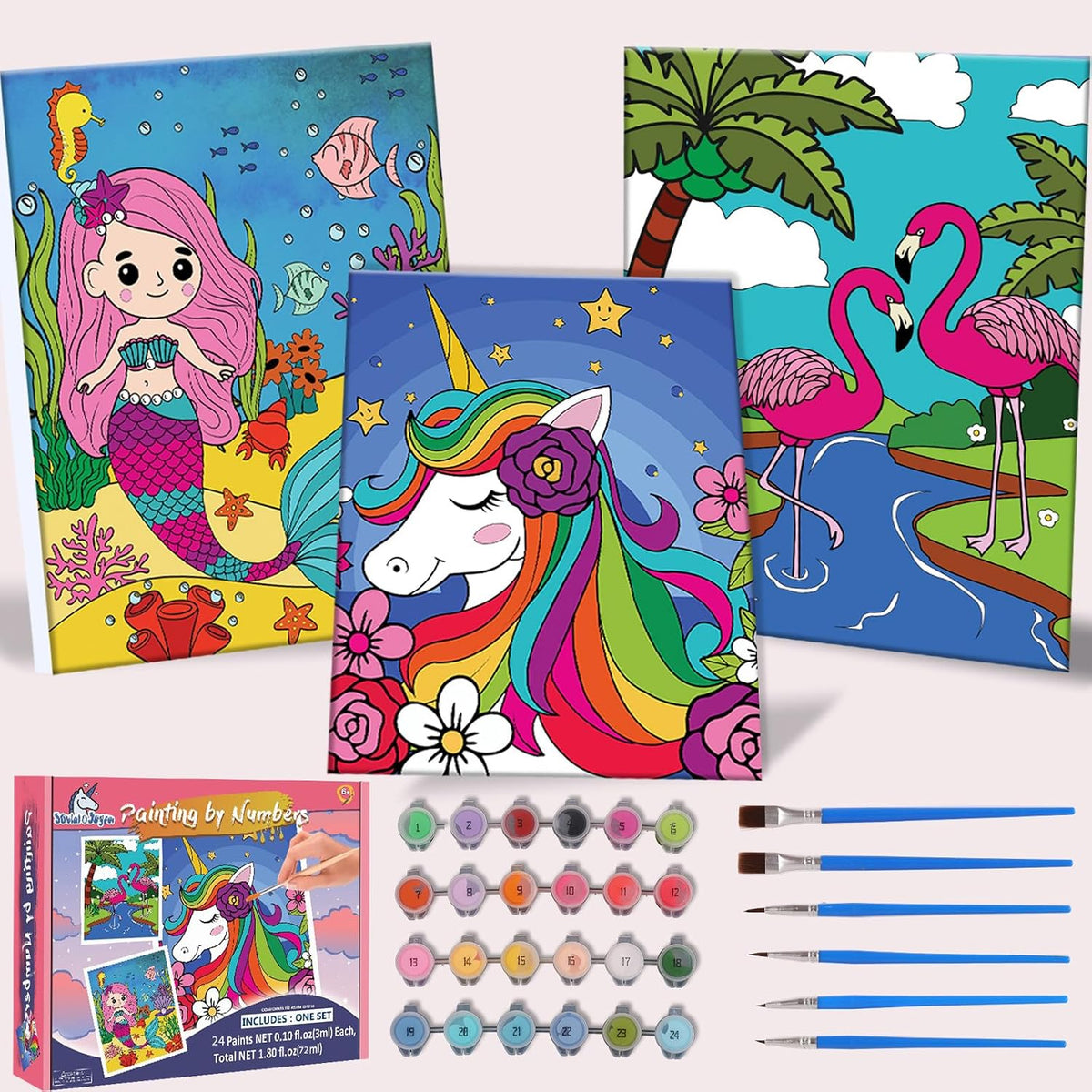 Jovial & Joyful kids paint by number kit with three framed animal canvases and paint pots - view 5