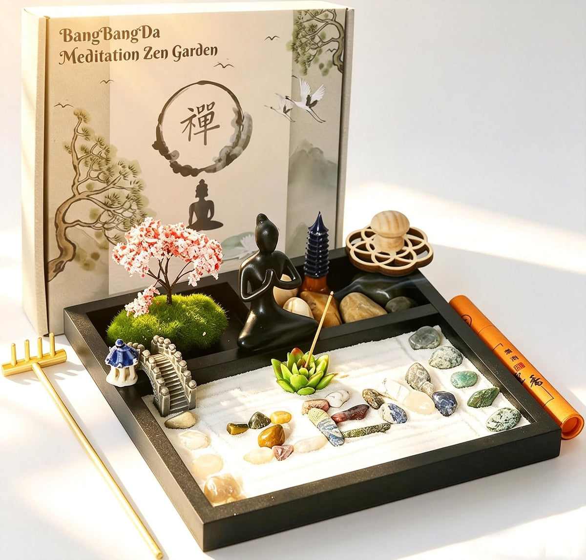 BangBangDa 8 x 8 inch tabletop zen garden with white sand, rake and pagoda
