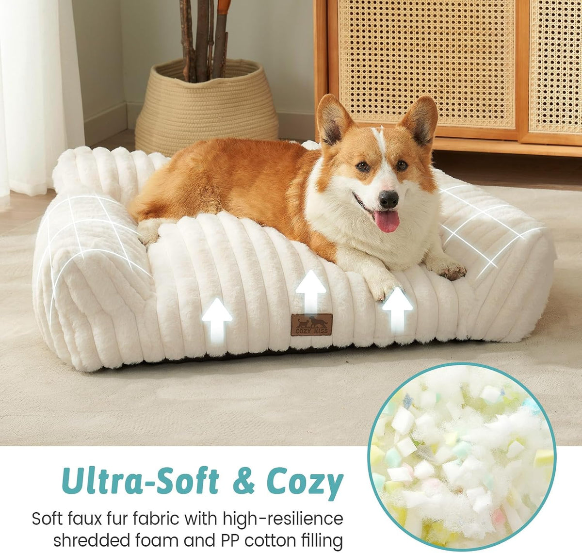 COZY KISS Cute Cat Couch, Fluffy Sofa Bed for Cats and Small Dogs, Premium Faux Rabbit Fur Cats - Cream / Small: 25.5'' x 17.5'' - image 2