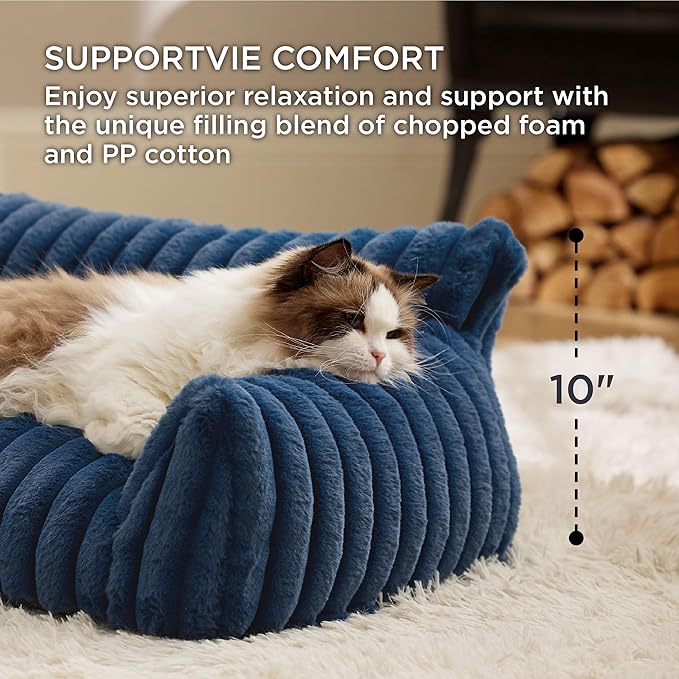 Bedsure Cute Cat Couch for Pets - Fluffy Small Dog Sofa with Premium Soft Corduroy Fleece, Pet Sofa with Removable Washable Cover, Supportive Dog Couch Bed for Small Medium Dogs, 30inch, Night Blue